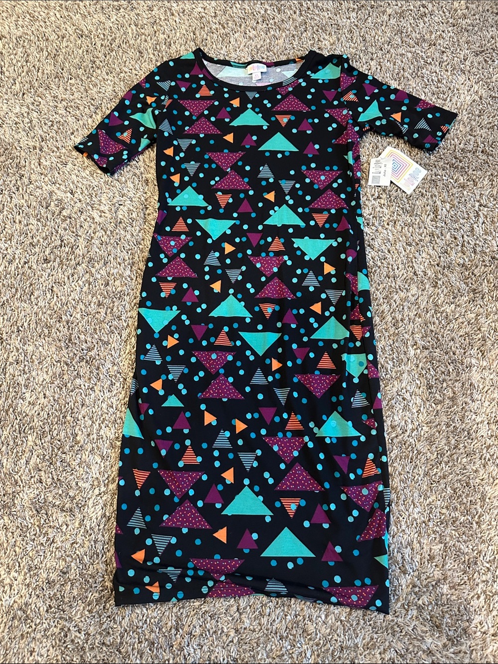 LuLaRoe Black Dress with Teal, Purple & Orange Triangle Print